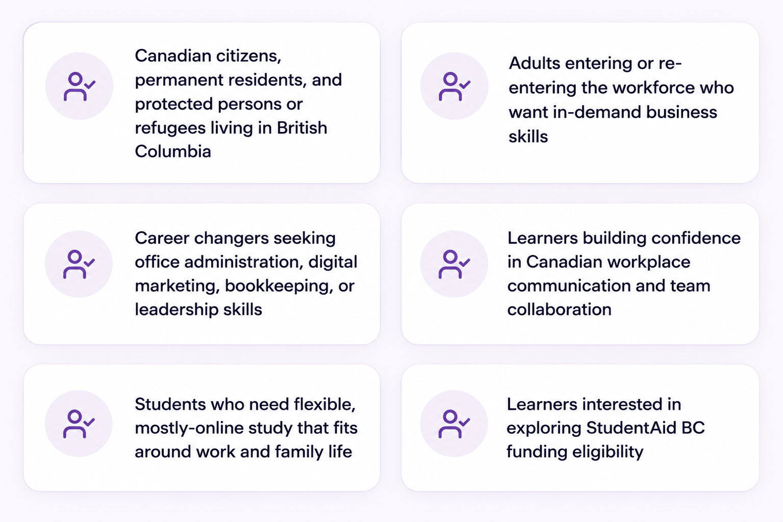 Infographic showing who should apply for LCC's Office Management and Leadership Diploma, including career changers, adults entering or re-entering the workforce, learners seeking office administration and leadership skills, and students exploring StudentAid BC funding.